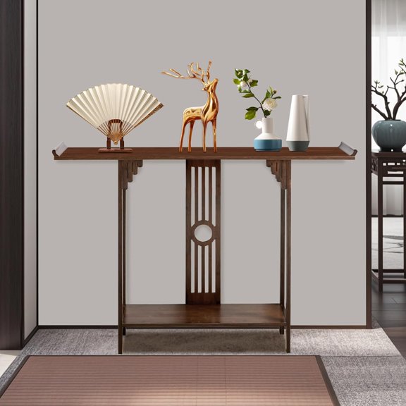 Console Table, 2 Tier Walnut Bamboo Entryway Narrow Table with Storage Shelves for Hallway Small Space Living Room (No Drawer)