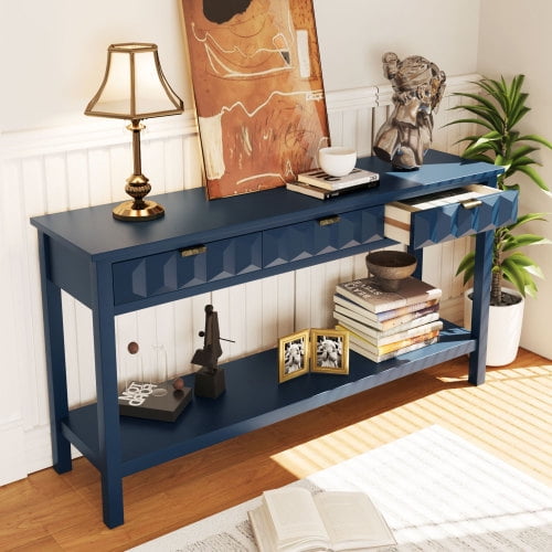 Console Table with 3 Drawers and Storage Shelf, 58.3 Inch Entryway Sofa Table with Honeycomb Pattern, Modern Farmhouse Accent Side Table for Living Room Hallway Foyer, Navy Blue