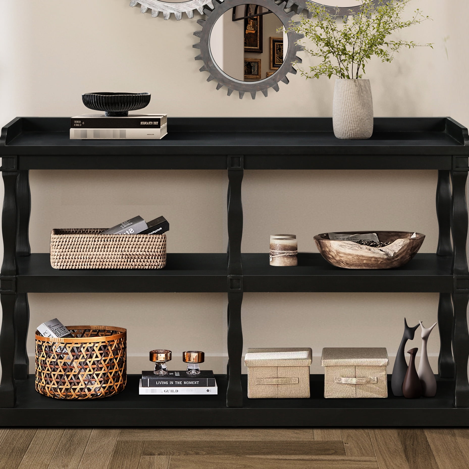 Console Table With 3 Open Storage , Roman Column Effect Legs, Black ...
