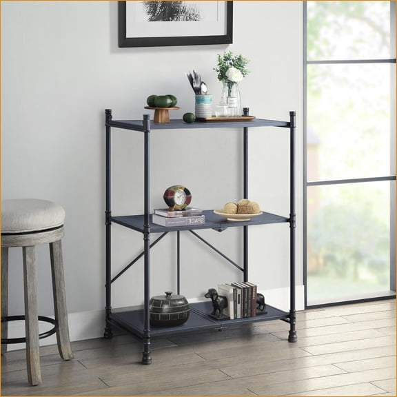 Console Table, 3-Tier Foldable Metal, 39.5H x 31.5W x 17.5D, Sandy Black & Dark Bronze Hand-Brushed | Industrial,Rustic | Primary Living Space