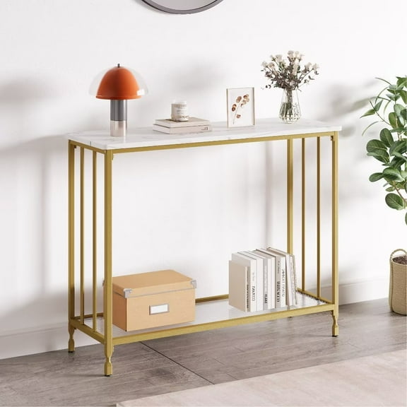Console Table, 33.5" Entryway Table with Glass Shelf, Industrial Hallway Table for Living Room Foyer, Gold