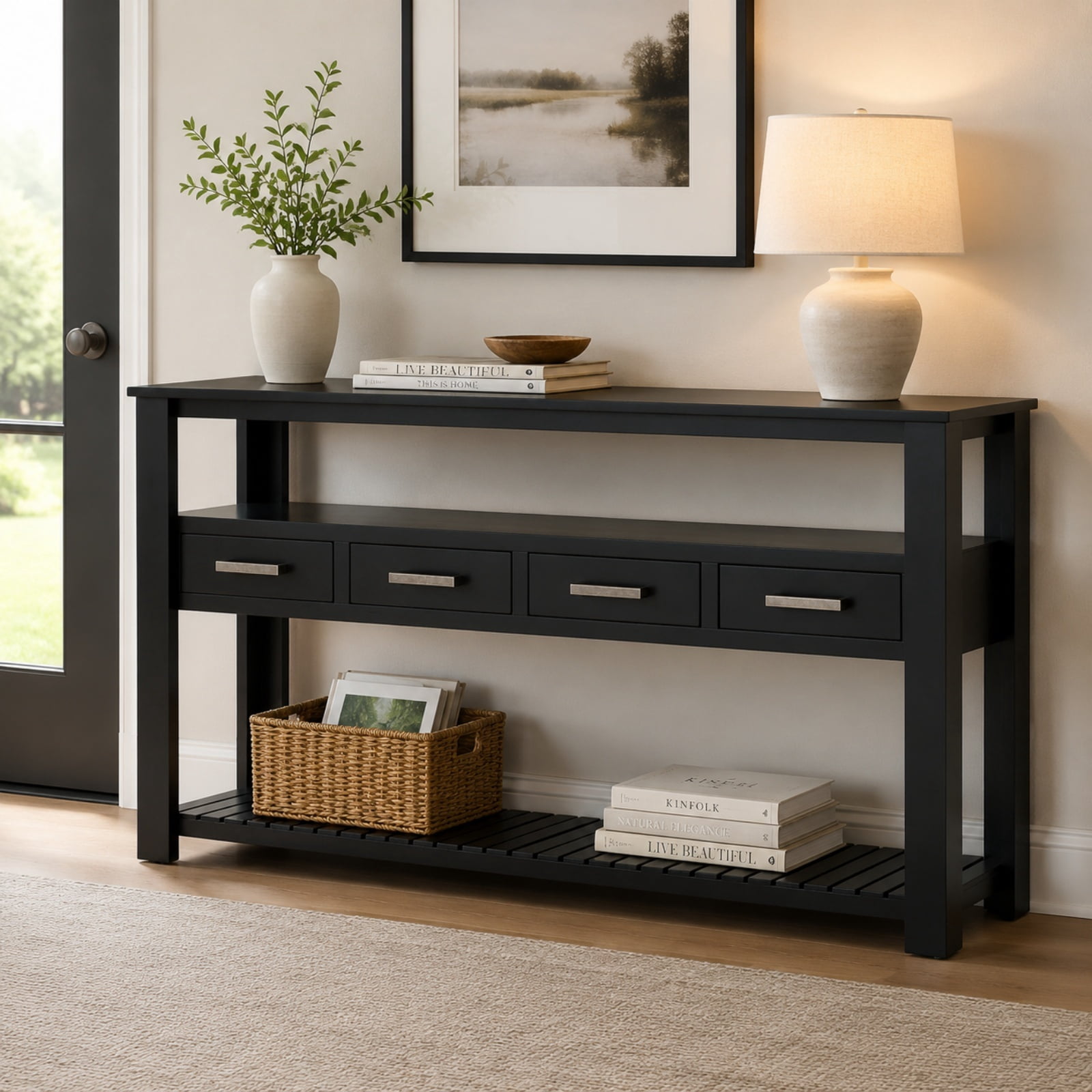 Console Table with 4 Drawers and 3-Tier Open Shelves, 61.5'' Sofa Table Behind Couch with Metal Handles, Entryway Table for Living Room Foyer and Kitchen