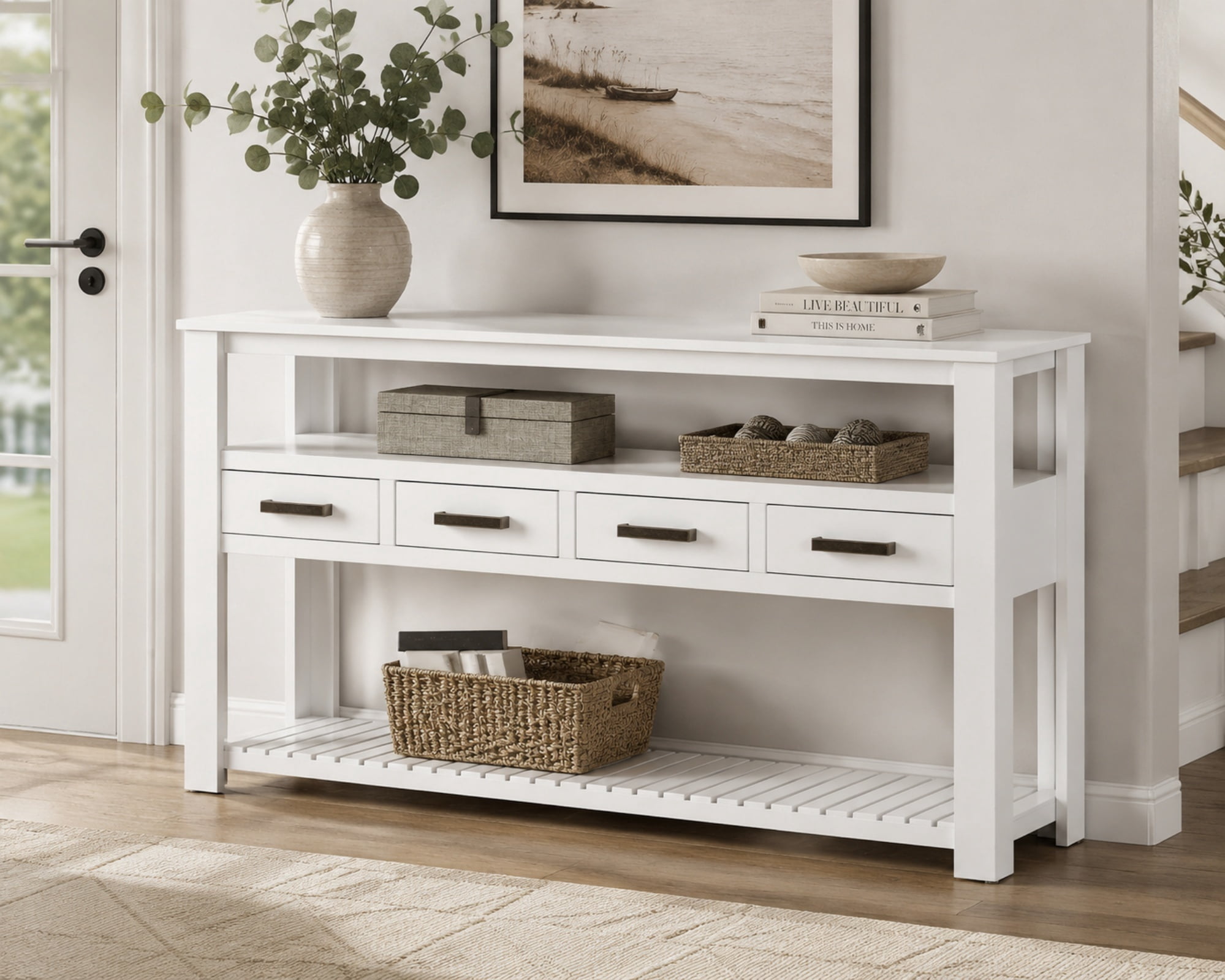 Console Table with 4 Drawers and 3-Tier Open Shelves, 61.5'' Sofa Table Behind Couch with Metal Handles, Entryway Table for Living Room Foyer and Kitchen