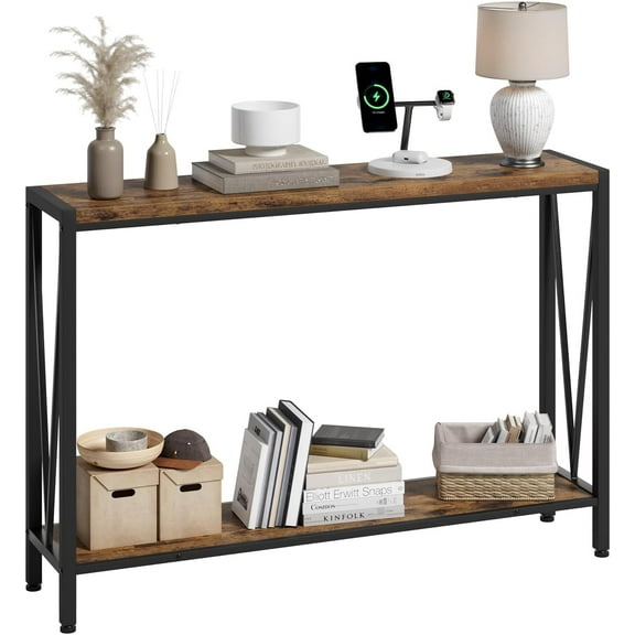 Console Table, 42.9" Rustic Entryway Table, Industrial 2-Tier Skinny Sofa Table with Shelf, Console Tables for Entryway, Living Room, Hallway, Foyer, Corridor, Office-Rustic Brown