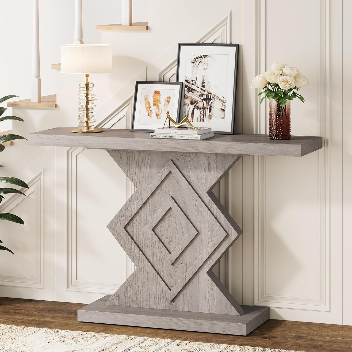 Gray Brown MDF Console Table with Geometric Base and Storage