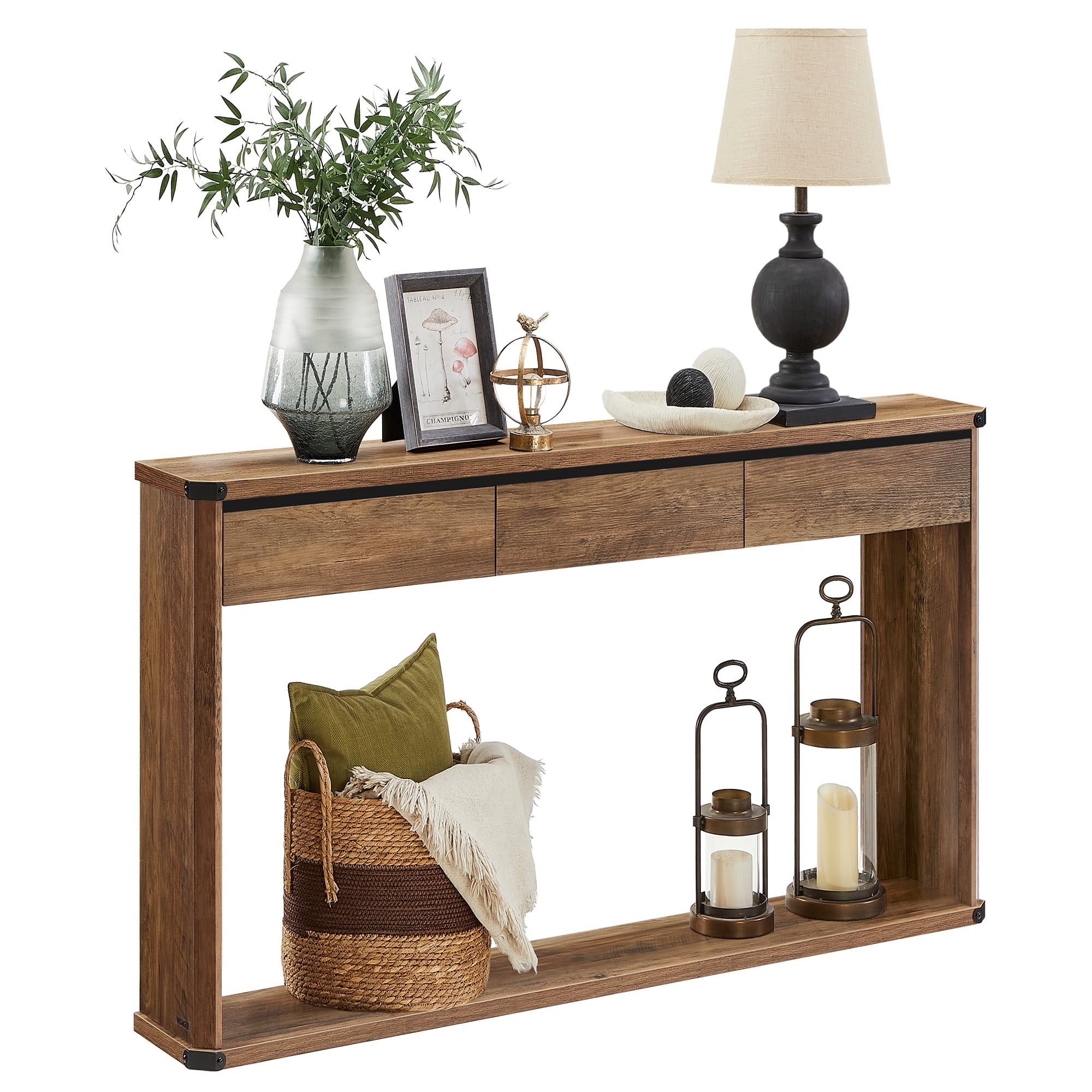Console Table 47.2 Inches Sofa Table Narrow Entryway Table Entry Table with 3 Drawers Bottom Shelf Metal Corners Honey Brown