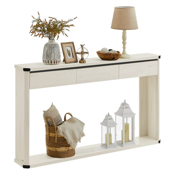 Console Table 47.2 Inches Sofa Table Narrow Entryway Table Entry Table with 3 Drawers Bottom Shelf Metal Corners Rustic White