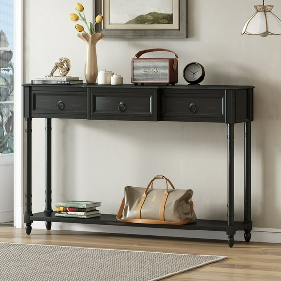Console Table 52in Sofa Table With 3 Drawers Long Shelf Rustic Solid Wood Home Furniture For Entryway Living Room Foyer