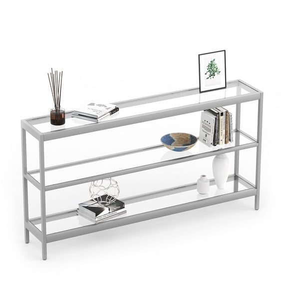 Console Table, 55" Entryway Table with 3 Tiers, Open Glass Sofa Table for Living Room, Foyer, Entryway, Bedroom, Hallway, Silver