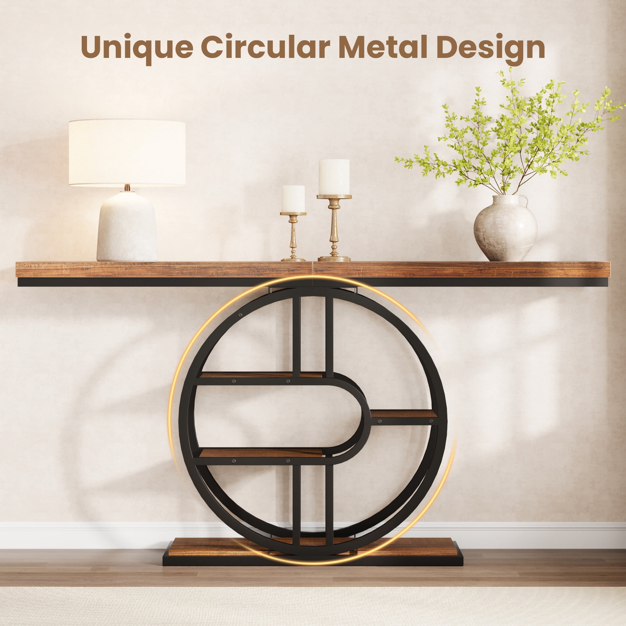Console Table 55 Inch, Sofa Table with 3-Tier Storage Shelves and O-Shaped Metal Frame, Narrow Entryway Table for Dining Room, Hallway & Living Room