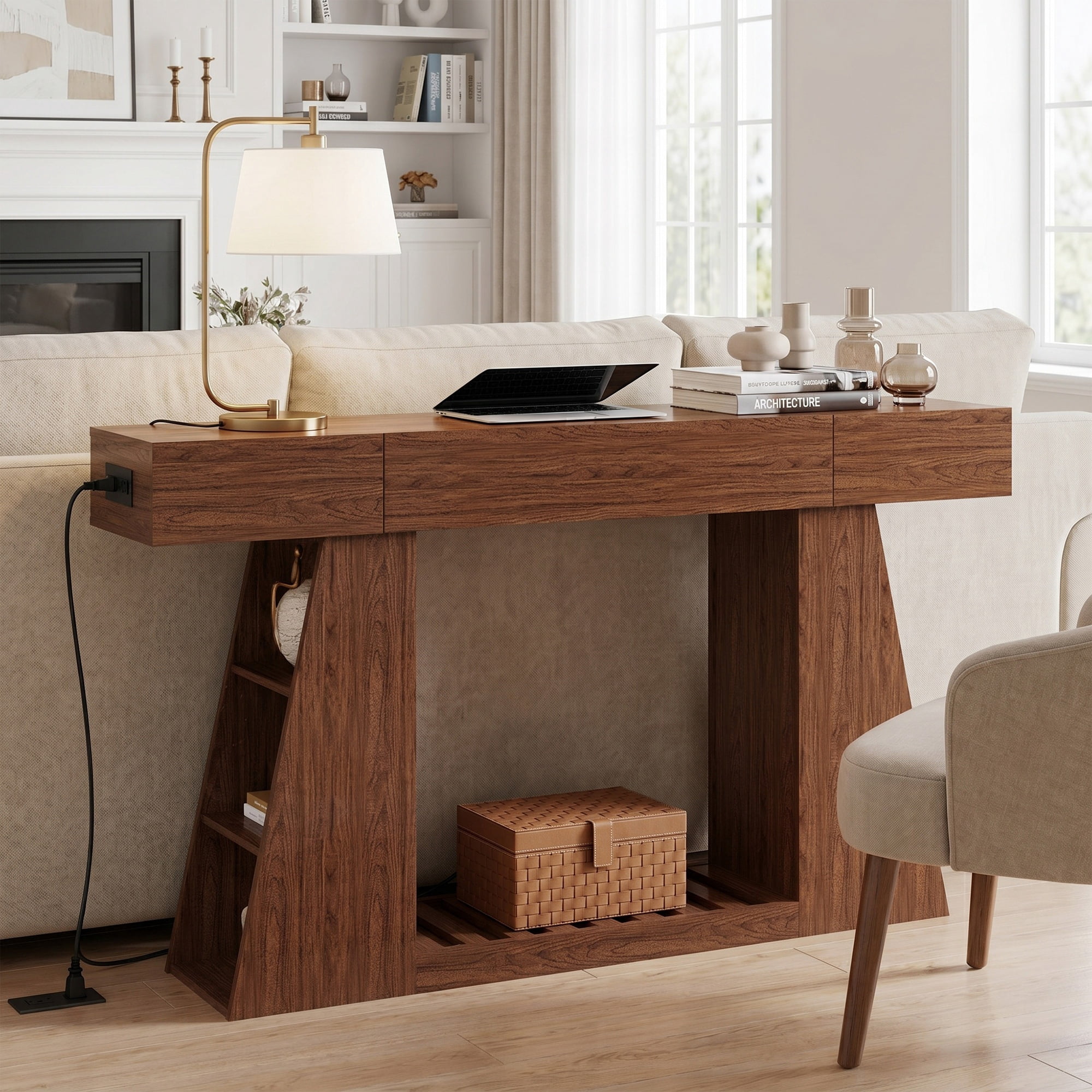 Console Table 59.84 Inch, Narrow Sofa Table with Built-In Power Outlet and Storage Shelf, Entryway Foyer Table and Behind Couch Table, Natural Wood and Brown