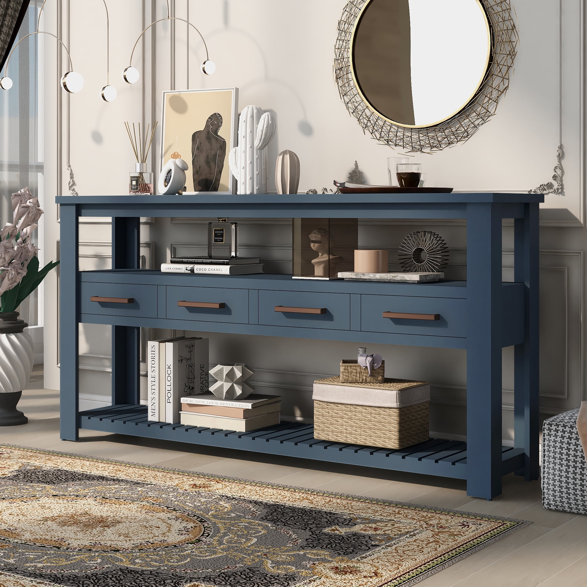 Console Table 62 2 Modern Sofa With 4 Drawers And Shelves Wood Entry Sideboard Buffet Narrow Long For Living Room Kitchen Dining Entryway Storage Hallway Blue
