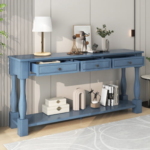 Console Table 63" Long Console Table with 3 Drawers and Shelf, Mediterranean Style Entryway Table, Solid Wood Hallway Sofa Table, Narrow Accent Table for Living Room, Navy
