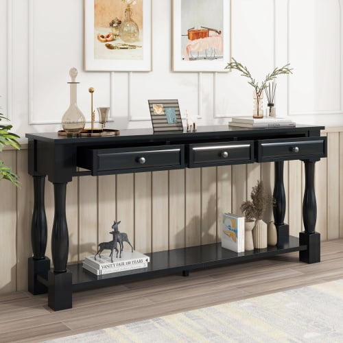 Console Table 63" Long Console Table with 3 Drawers and Shelf, Mediterranean Style Entryway Table, Solid Wood Hallway Sofa Table, Narrow Accent Table for Living Room, Espresso