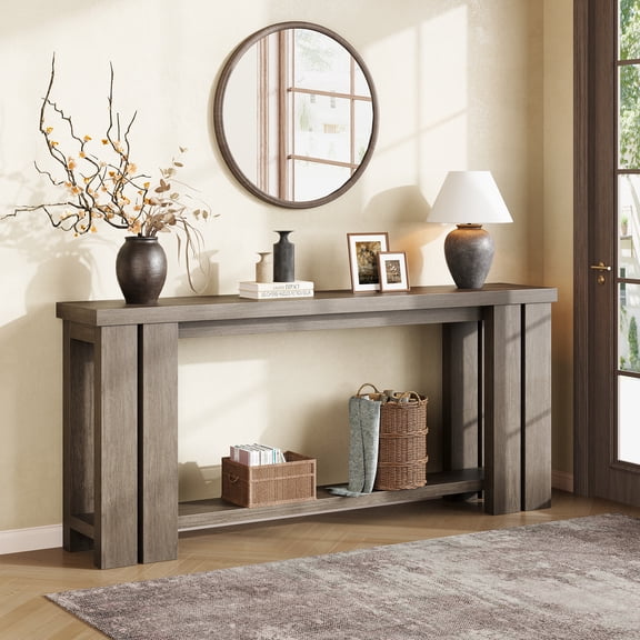 Console Table 70.9" Farmhouse Sofa Table Behind Couch with 2" Thick Rustic Grey Top, Narrow Entryway Table with Storage Shelf for Hallway Living Room, Anti-Scratch Entry Table