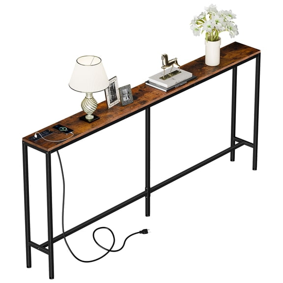 Console Table, 70 Inch Narrow With Outlet, Sofa Table With Charging Station, 70.8 Inches X 7.9 Inches X 31.4 Inches, Rustic Brown, Rectangular