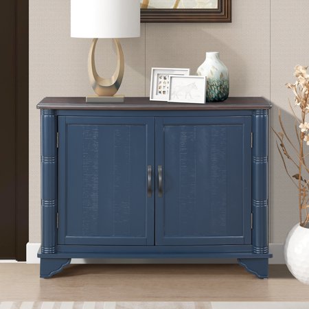 Console Table For With Adjustable Shelf - 40" Blue Removable Storage Section, Entryway Hall. Navy And Brown Finish. Solid Wood Frame. Spacious Tabletop