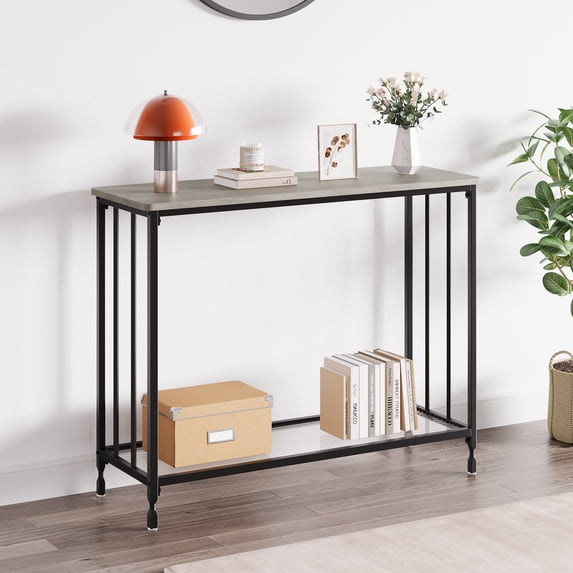 Console Table, Behind Couch Table, Industrial Hallway Table with Glass Shelf and Metal Frame, Narrow Entryway Table, Narrow Console Table, for Hallway, Living Room, Bedroom