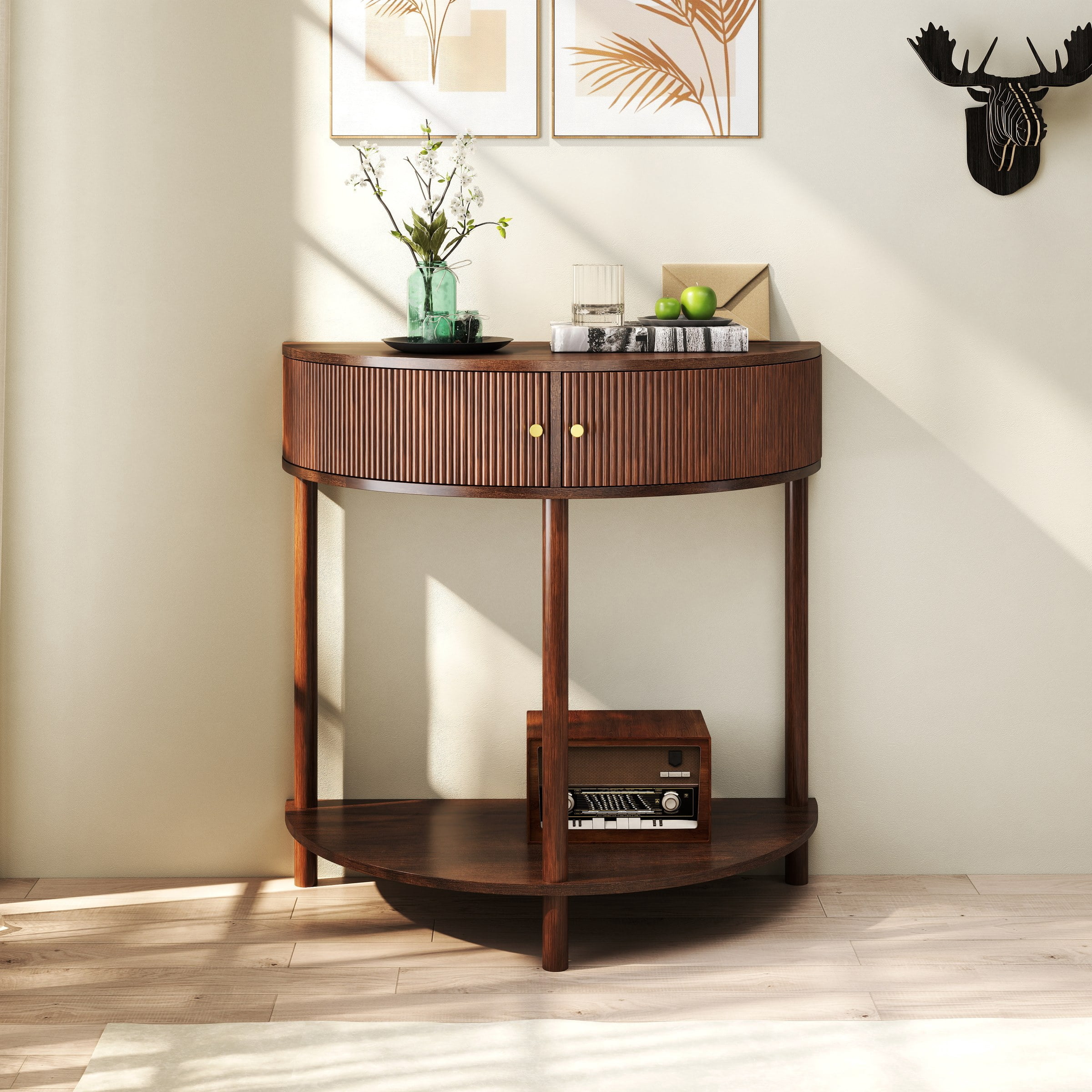 Console Table with Brown Woodgrain, Unique Half Moon Design End Table with 2 Storage Drawers and Bottom Shelf for Living room, Bedroom, Study, Hallway