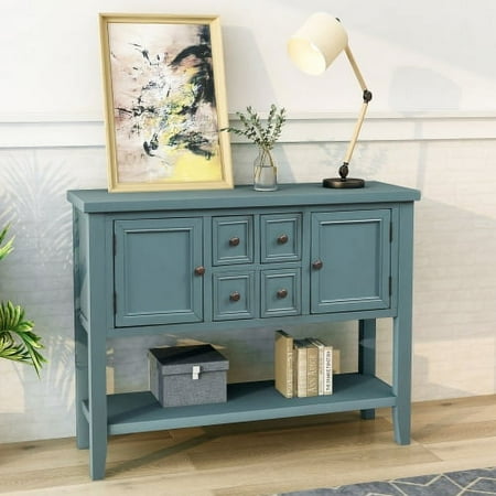 Harper & Bright Designs Console Table Buffet Sideboard Sofa Table with Four Storage Drawers Two Cabinets and Bottom Shelf, Dark Blue