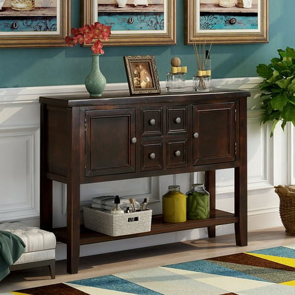 Harper & Bright Designs Console Table Buffet Sideboard Sofa Table with Four Storage Drawers Two Cabinets and Bottom Shelf, Espresso