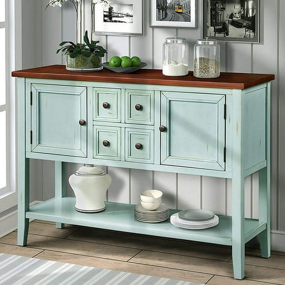 Harper & Bright Designs Console Table Buffet Sideboard Sofa Table with Four Storage Drawers Two Cabinets and Bottom Shelf, Retro Blue