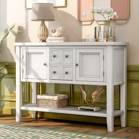 Harper & Bright Designs Console Table Buffet Sideboard Sofa Table with Four Storage Drawers Two Cabinets and Bottom Shelf, White