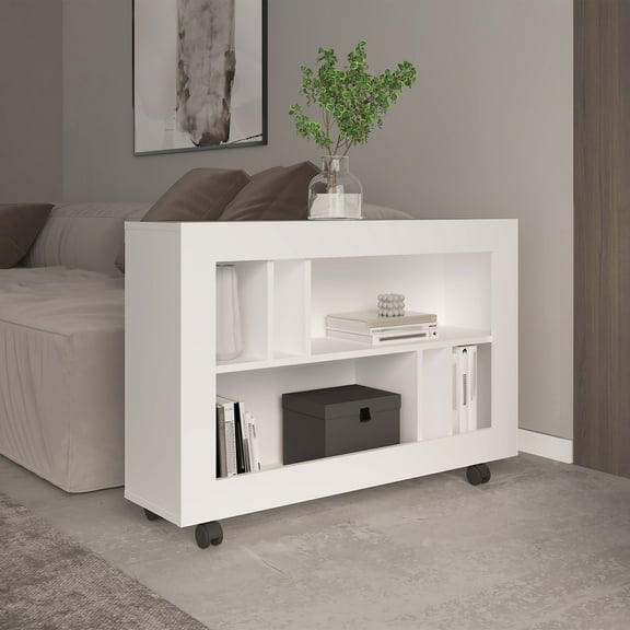 Joge 37,4" Wide Console Table Cart with Six Shelves, Casters, Entryway Table, Side Table, Living Room Table, for Living Room White