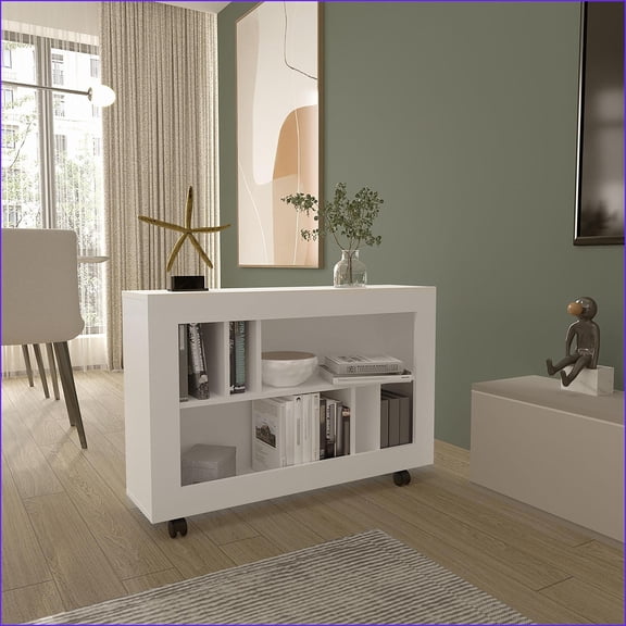 Console Table Cart with 5 Shelves & 4 Casters | Engineered Wood | Solid Wood+MDF