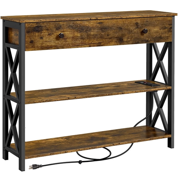 Console Table with Charging Station, 40 Inch Narrow Entryway Table with 2 Outlets and 2 USB Ports, Industrial Sofa Table for Behind Couch, Living Room, Brown