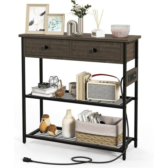 Console Table with Charging Station, Narrow Entryway Table with 2 Drawers & 2 Metal Mesh Shelves, Accent Sofa Side Table with 2 AC Outlets & 2 USB Ports for Living Room, Foyer, Couch, Grey Oak