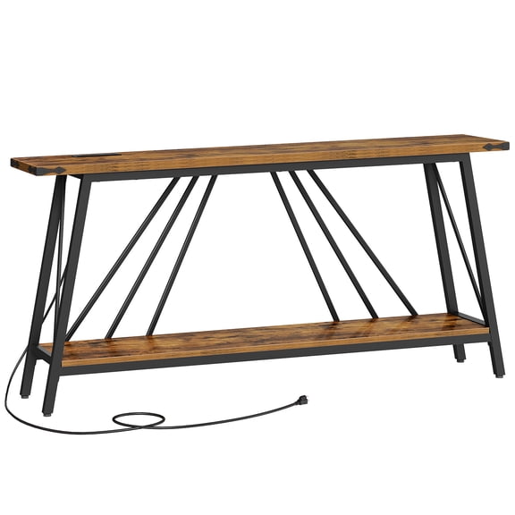 Console Table, Console Table with Charging Station, Industrial Entryway Table, 2-Tier Foyer Table, Sturdy Frame, Easy Assembly, for Living Room, Entrance, Corridor, Rustic Brown and Black BF152UXG01