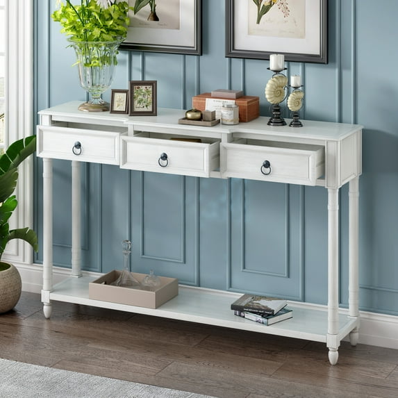 Console Table, Console Tables for Entryway with 3 Drawers & Open Storage Shelf, 52" Long Sofa Table in Solid Wood, Narrow Console Table for Living Room, Couch, Hallway, Foyer, Kitchen Counter, White