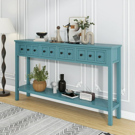 Console Table, Console Tables for Entryway with 4 Drawers and Open Storage Shelf, 60" Long Sofa Table in Solid Wood, Narrow Console Table for Living Room, Couch, Hallway, Foyer, Kitchen Counter, Green