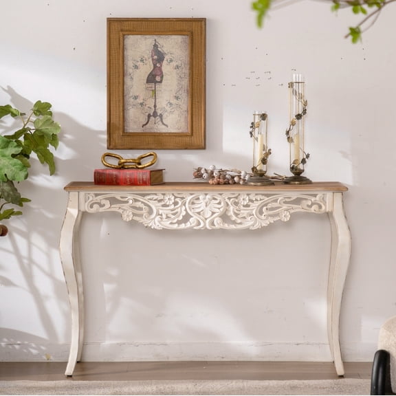 Console Table with Curved Carved Scroll Legs, French Country Style Antique White Distressed Finish, 43.31 Inch Narrow Entryway Table for Hallway Living Room
