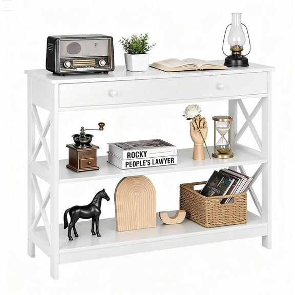 Console Table with Drawer, 3 Tier Narrow Entryway Table Wood Sofa Side Table for Living Room Bedroom Couch Hallway, Stable X Frame Design, 39.5 Inch White