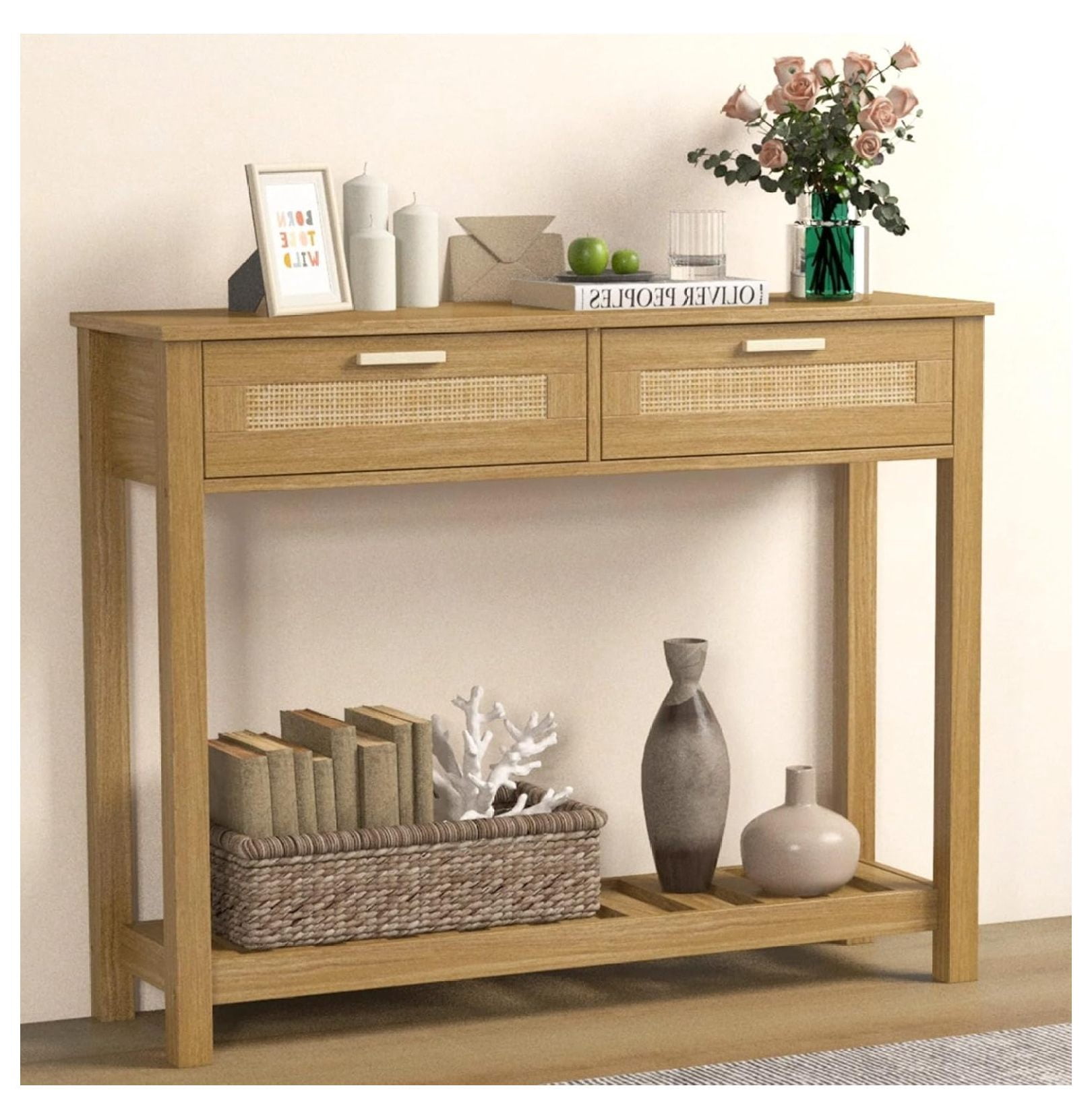 Console Table with Drawers, Boho Entryway Table with Storage, Narrow ...