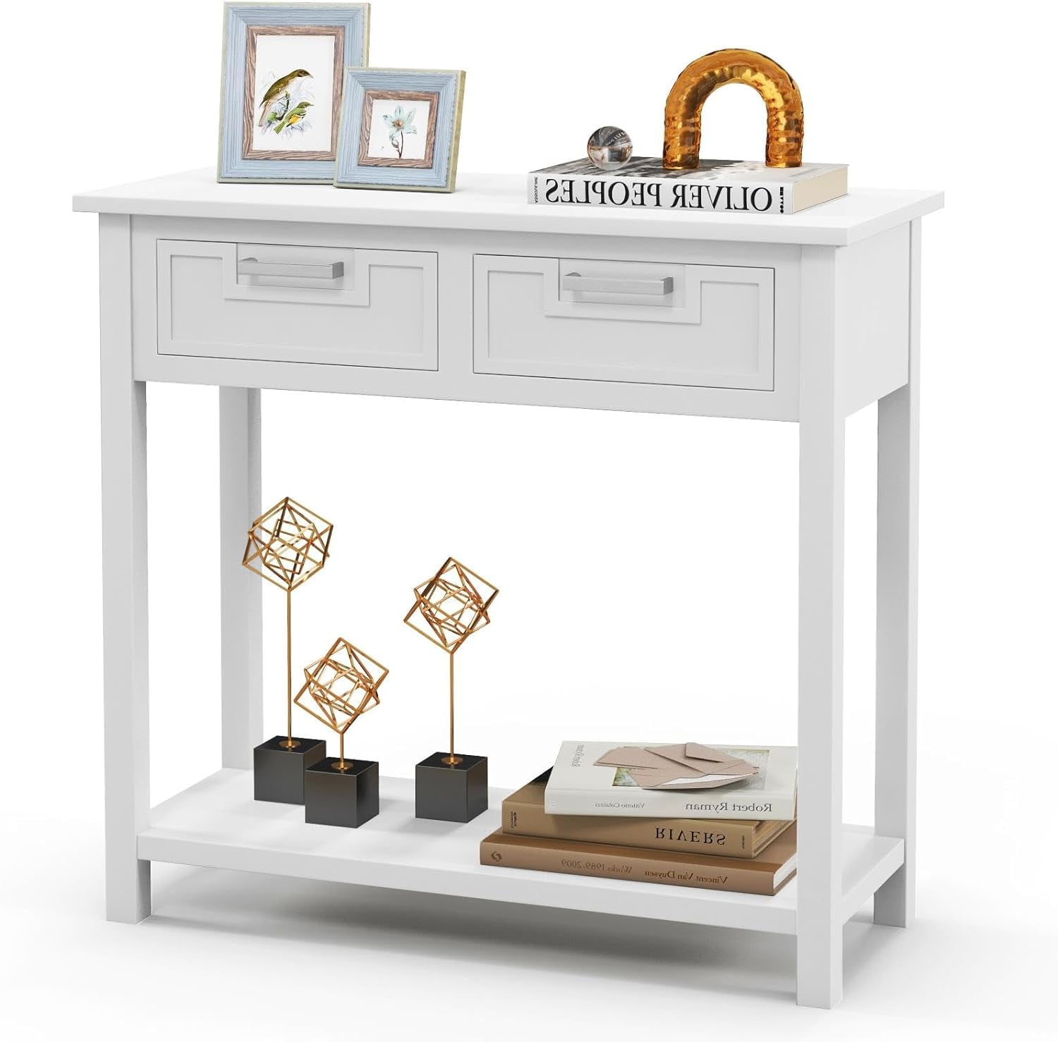 . Console Table with Drawers, Wooden Entryway Table with Rubber Wood Leg, Long Sofa Side Table