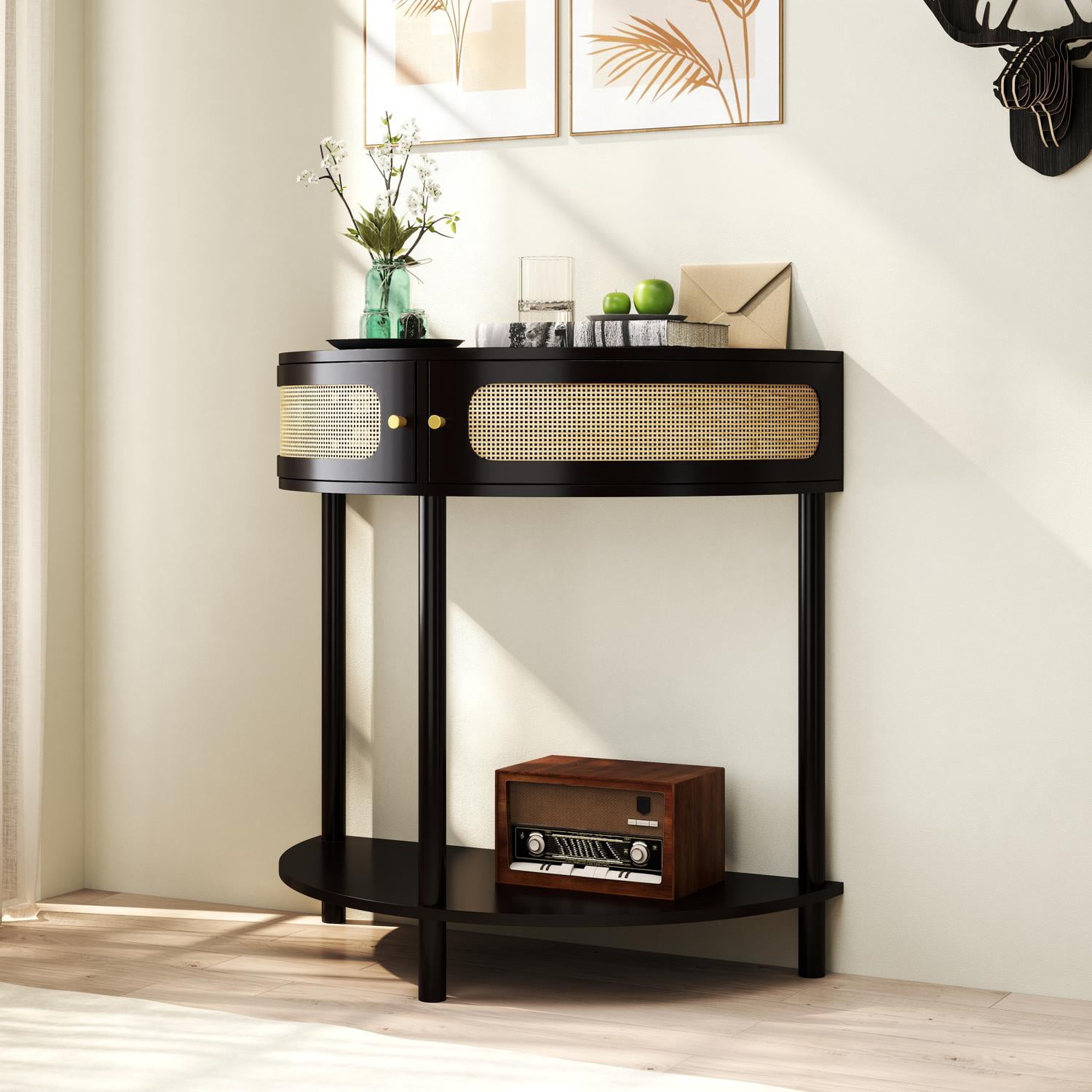 Console Table, End Table, Half Moon Design with 2 Sliding Rattan Doors and Bottom Shelf for Entryway or Living Room, Black