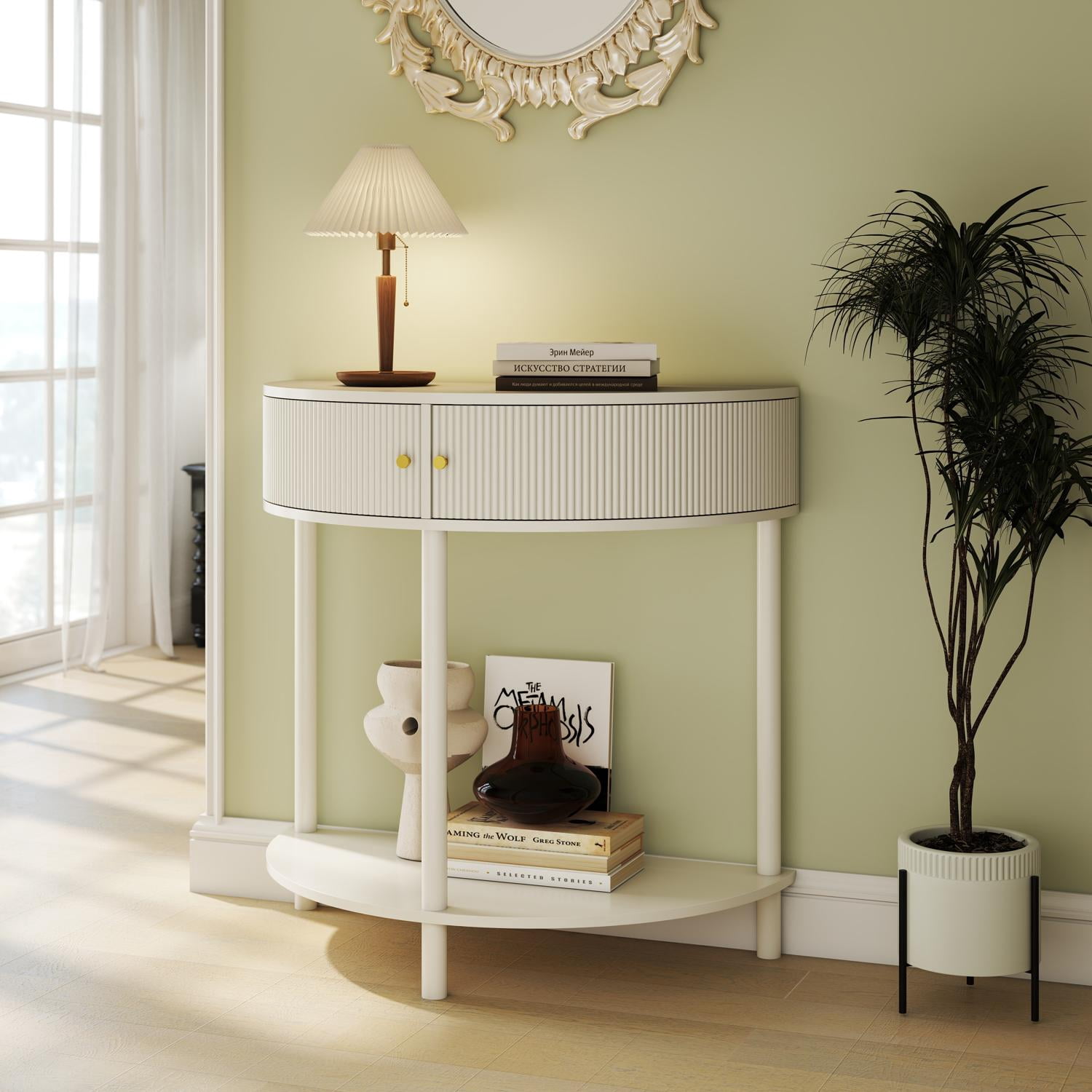 Console Table, End Table, Wave-Pattern Demi-Lune Design with 2 Storage Drawers and Bottom Shelf for Hallway or Bedroom, Cream White