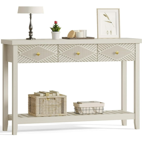 Console Table for Entryway with 3 Drawers, Retro Entryway Table with Storage Cabinets and Open Shelf, Easy to Assemble, Narrow Long Couch Table Behind Sofa for Living Room,Foyer, Hallway, Beige