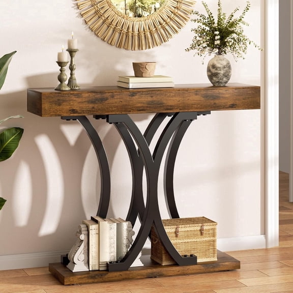 43.3"W Two-Tier Rustic Brown Particleboard Console Table X-Shape Steel Frame Narrow Entryway Sofa Accent Table With Anti-Tip Kit For Small Spaces