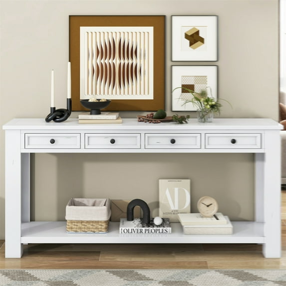 Console Table, Entryway Table with Storage Drawers and Bottom Shelf, Classic Accent Sofa Table, Console Tables with Solid Wood Frame and Legs for Entryway Bed Room Living Room Apartment,Antique White