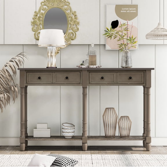 Console Table Entryway Table with Storage Drawers and Bottom Shelf for Living Room, Wood Console Table with Open Storage, Gray Wash