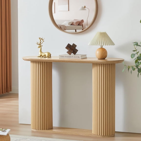 Console Table, Farmhouse Oval Curved Entryway Table with Storage and Fluted Wood Legs, Narrow Sofa Table Small Long Entry Table for Entrance, Hallway, Living Room (Natural)