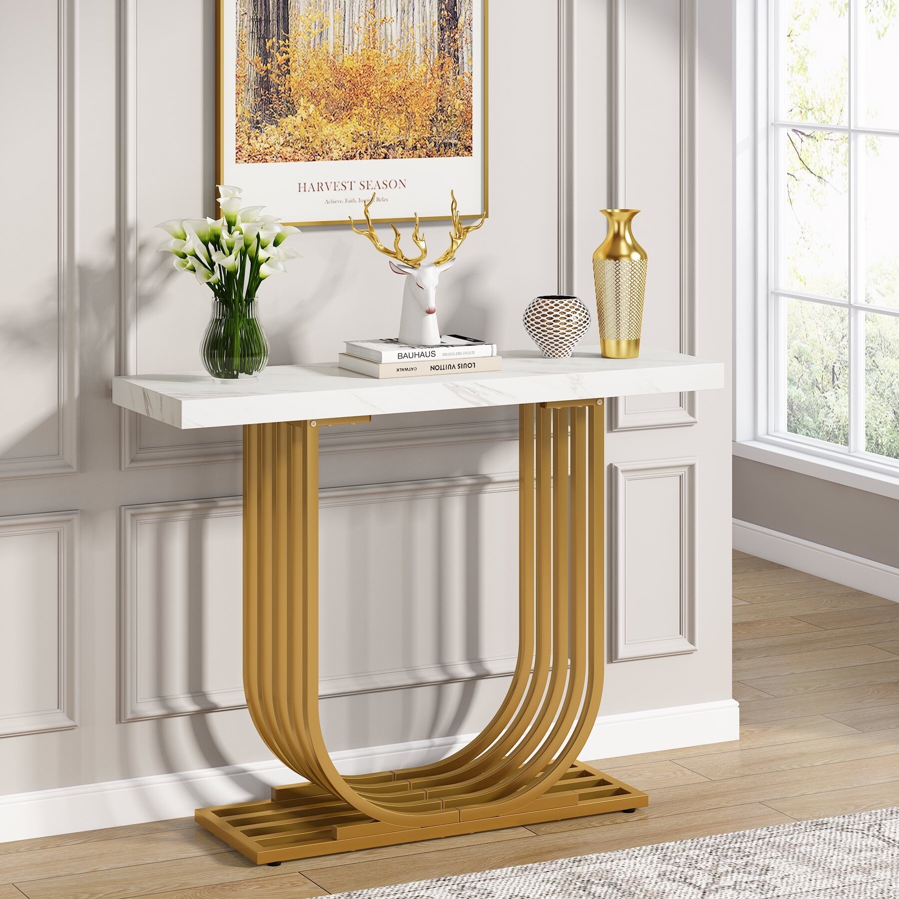 Console Table Foyer Table with Gold Base, 40 Inch Faux Marble Entryway