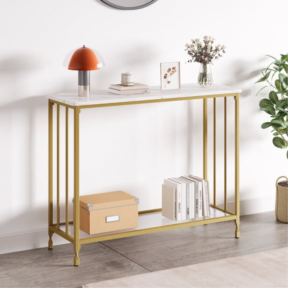 Console Table with Glass Shelf and Metal Frame, Narrow Sofa Table for Entryway Behind Couch, Industrial Hallway Table for Living Room Foyer Bedroom in Rustic Grey