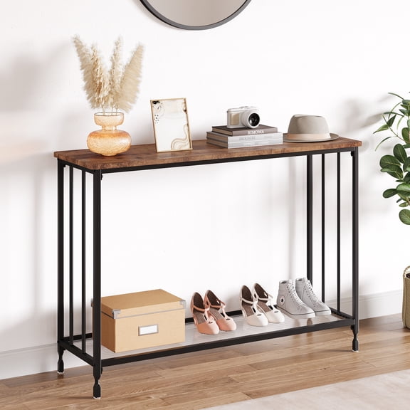 Console Table with Glass Shelf and Metal Frame, Narrow Sofa Table for Entryway Behind Couch, Industrial Hallway Table for Living Room Foyer Bedroom in Rustic Grey