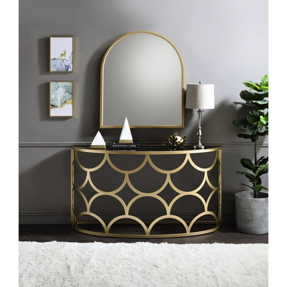 Console Table, Gold, 8mm Tempered Glass Top & Metal Base, Half-moon Shape, 70lbs Weight Max, 54" W X 29" H, No Storage Facility Gold Table With And Capacity, Settee