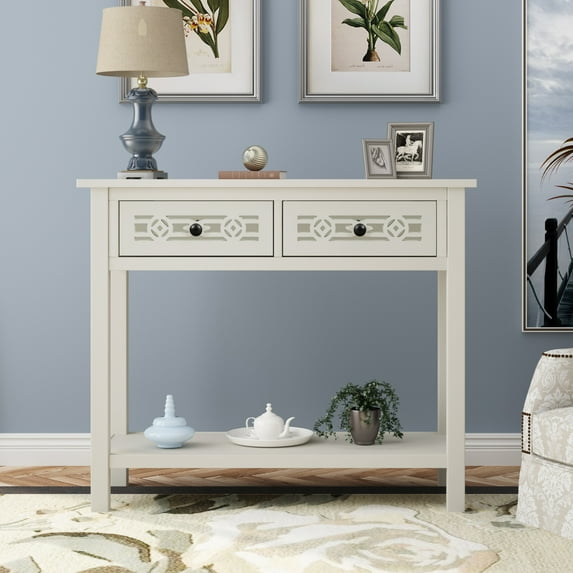 Console Table with Hollow-out Decoration, Storage Cabinet with 2 Drawers and Bottom Shelf, Classic Wood Cupboard with Large Storage Space for Bedroom Living Room, Ivory